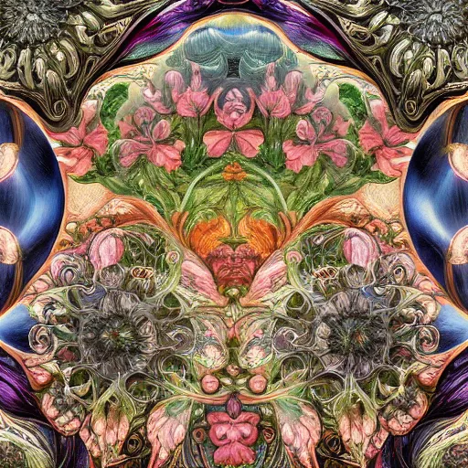 Prompt: a detailed painting of many different types of flowers by Android Jones, Earnst Haeckel. behance contest winner, generative art, Baroque, intricate patterns, fractalism, rococo