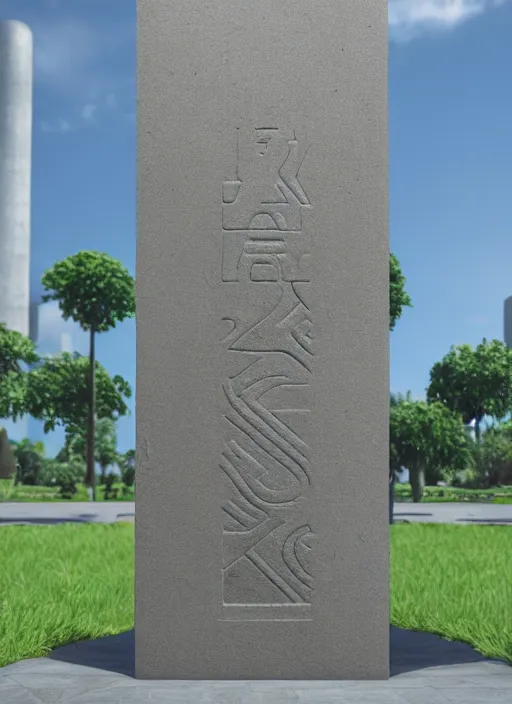 Image similar to highly detailed realistic architecture 3 d render of a futurisctic stele made from currency in a city park, archdaily, made in unreal engine 4 octane render