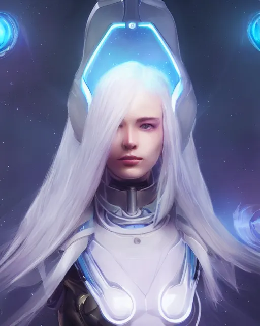 Image similar to perfect android girl on a mothership, warframe armor, beautiful face, scifi, futuristic, galaxy, nebula, raytracing, dreamy, long white hair, blue cyborg eyes, sharp focus, cinematic lighting, highly detailed, artstation, divine, by gauthier leblanc, kazuya takahashi, huifeng huang