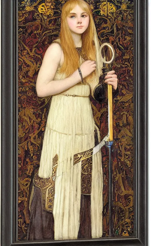 Prompt: young girl annasophia robb blond bowl haircut wearing medieval armour, waterhouse and mucha