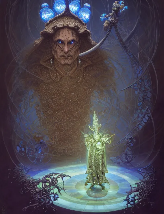 Image similar to front shot of a court jester character, hyperdimensional, bioluminescent hypercubes, ((intricate)), elegant, highly detailed, centered, (((artstation, concept art, smooth, sharp focus, artgerm, Tomasz Alen Kopera, Peter Mohrbacher, donato giancola, Joseph Christian Leyendecker, WLOP, Boris Vallejo))), mugshot!!!!!, ugly!!!!!!, octane render, nvidia raytracing demo, grainy, muted, 8K, digitalblasphemy