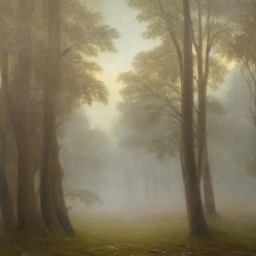 Image similar to an impressive 1 8 0 0 s romanticism - inspired oil painting of a foggy tree line at dawn inspired by liberty leading the people