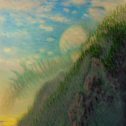 Image similar to a beautiful painting about a futuristic military landing in a misty rainforest, surrounded by mountains and clouds. Trending on Artstation. modern atlantic prism quetzal cabinet urn lemon, by Claude Monet and Paul