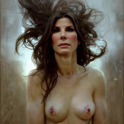 Image similar to hyperrealist portrait of sandra bullock as lady godiva. by jeremy mann and alphonse mucha, fantasy art, photo realistic, dynamic lighting, artstation, poster, volumetric lighting, very detailed faces, 4 k, award winning