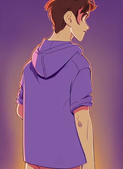 Prompt: young man in a purple hoodie, back view, messy short brown hair, colourful, natural lighting, path traced, highly detailed, high quality, cartoon, digital painting, by don bluth and ross tran and studio ghibli and alphonse mucha