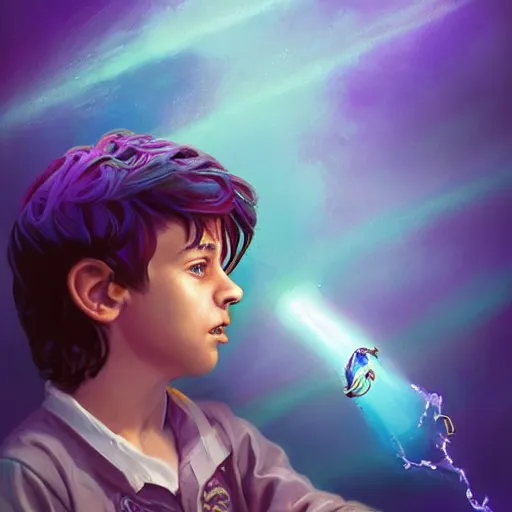 Prompt: a stylized portrait of a young boy with wavy brown hair and green eyes as a wizard, stylized, arcane magic, blue and purple vapor, neon color, vivid color, lens flare, volumetric light from below, background by justin gerard, art by raymond swanland + marc simonetti + greg rutkowski + harumi hironaka + guy denning