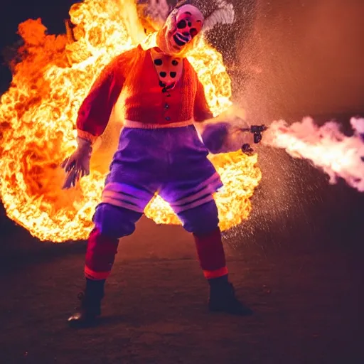 Image similar to photo of a clown using a flamethrower projecting a long flame