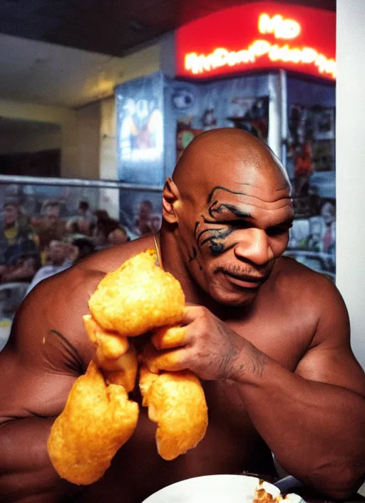 Image similar to Mike Tyson depressed eating a happy meal in the McDonalds play place, while it storms outside the building, mike tyson begins crying softly as he eats a chicken mcnugget and crushes his hamburger in his hands, ketchup spraying out of it, photograph, high quality, detailed, sharp