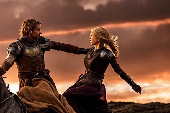 Image similar to very very intricate photorealistic photo of jaime lannister defeating cersei, photo is in focus with detailed atmospheric lighting, award - winning details