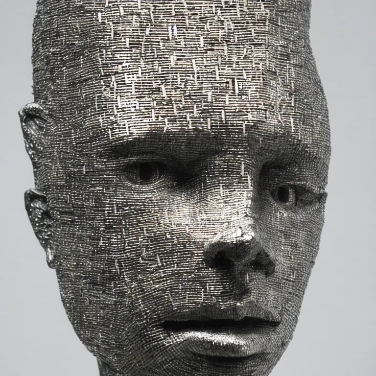 Prompt: sculpture of a head made from stainless steel staples, museum art, high concept, photorealistic, high resolution, dramatic lighting, modern art, tate musem, 3 5 mm