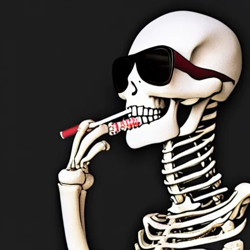 Prompt: photo of a skeleton with sunglasses smoking
