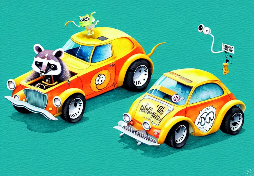Prompt: cute and funny, racoon riding in a tiny hot rod coupe with oversized engine, ratfink style by ed roth, centered award winning watercolor pen illustration, isometric illustration by chihiro iwasaki, edited by beeple