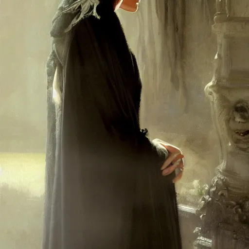 Image similar to detailed realistic cinematic wide shot of beautiful attractive lilly collins vampire woman wearing black bath robe slim face symettrical face clean skin black eyes black robe smooth, sharp focus, ultra realistic, spring light, painting by gaston bussiere, craig mullins, j. c. leyendecker