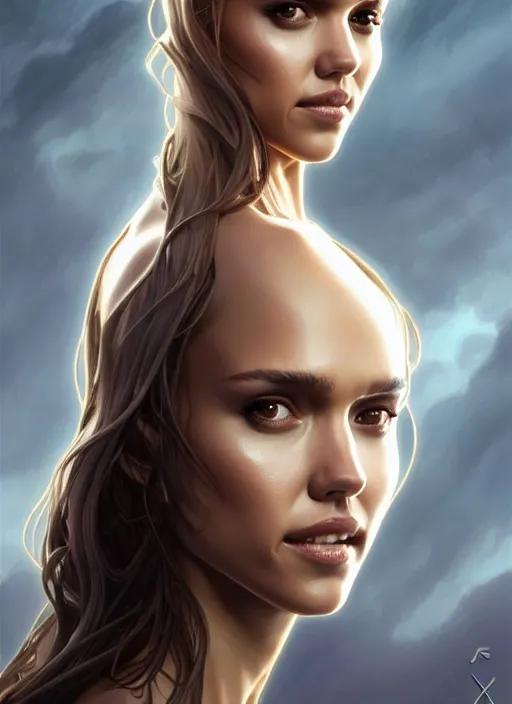 Prompt: Jessica alba face mixed with Nathalie Portman, the pure white demon, overlord, overlord season 4, body portrait, slight smile, highly detailed, digital painting, artstation, concept art, sharp focus, illustration, art by wlop and greg rutkowski and alphonse mucha and artgerm