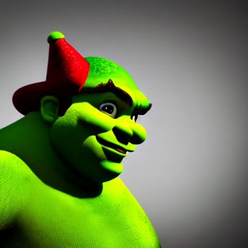 Image similar to super mario as shrek, highly detailed, extremely high quality, hd, 4 k, 8 k, canon 3 0 0 mm, professional photographer, 4 0 mp, lifelike, top - rated, award winning, realistic, detailed lighting, detailed shadows, sharp, no blur, edited, corrected, trending