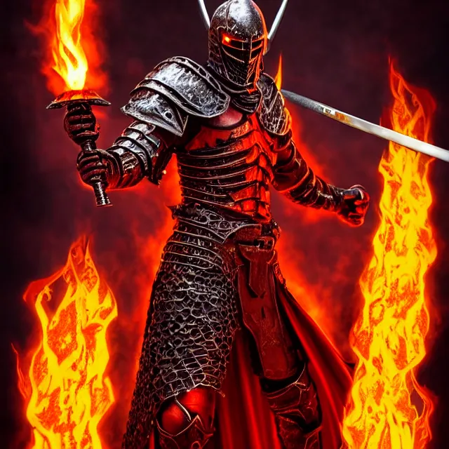 Prompt: hell knight with a flaming sword, highly detailed, 4 k, hdr, smooth, sharp focus, high resolution, award - winning photo, anne stokes, photorealistic