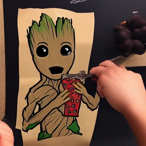 Image similar to Baby Groot eating a pizza