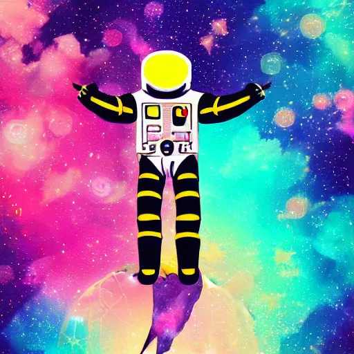 Image similar to Medium shot of an astronaut floating in space designed by Lisa Frank, digital art, cartoon art, acrylic, bokeh, synthwave, retro,