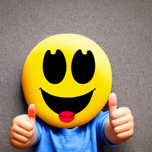 Image similar to child drawing of smiling emoji face with red eyes and thumb up.