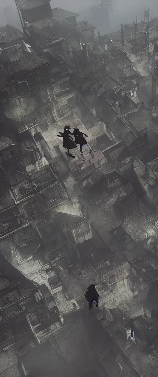 Prompt: lelouch lamperouge and asuka langley running on the roofs in dishonored town, dunwall city, redshift render, cinematic lighting, rainy weather, melancholy atmosphere, dunwall city, volumetric light, octane render, dishonored game, dishonored 1, gothic architecture, atmosphere of depression and despair