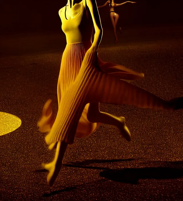 Image similar to la la land unseen film scene of gaz station by night starring seductive actress doing steps dancing and dressed by an organic looking dress from designer * iris van herpen *, with stylish colorfull makeup. intriguing soft back lighting, highly detailed, skin grain detail, photography by paolo roversi, nick knight