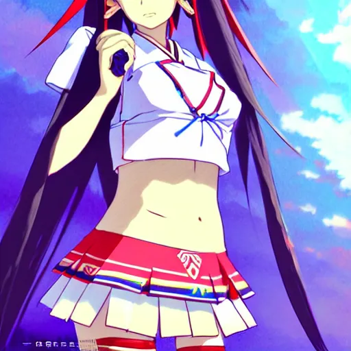 Image similar to a beautiful boyish zelda alluring gravure model, wearing japanese school girl outfit with mayan pattern and native style, modern aztec street fashion, perfect anime face, gapmoe yandere grimdark, trending on pixiv fanbox, painted by greg rutkowski makoto shinkai takashi takeuchi studio ghibli, akihiko yoshida