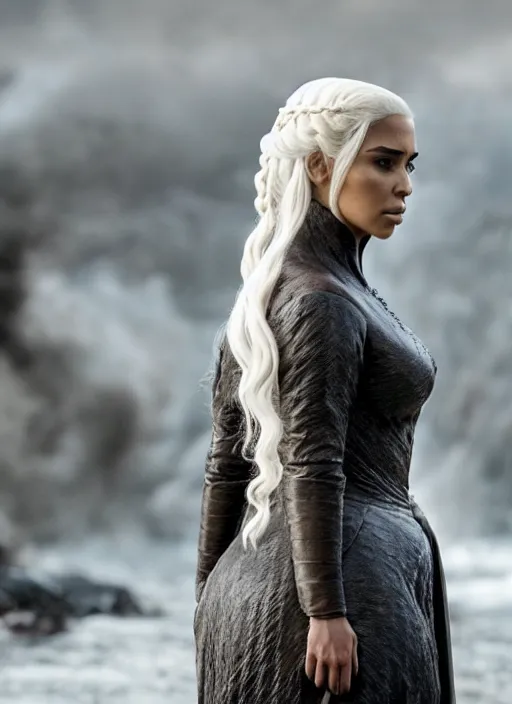 Image similar to film still of beautiful beautiful kim kardashian as daenerys targaryen in game of thrones.