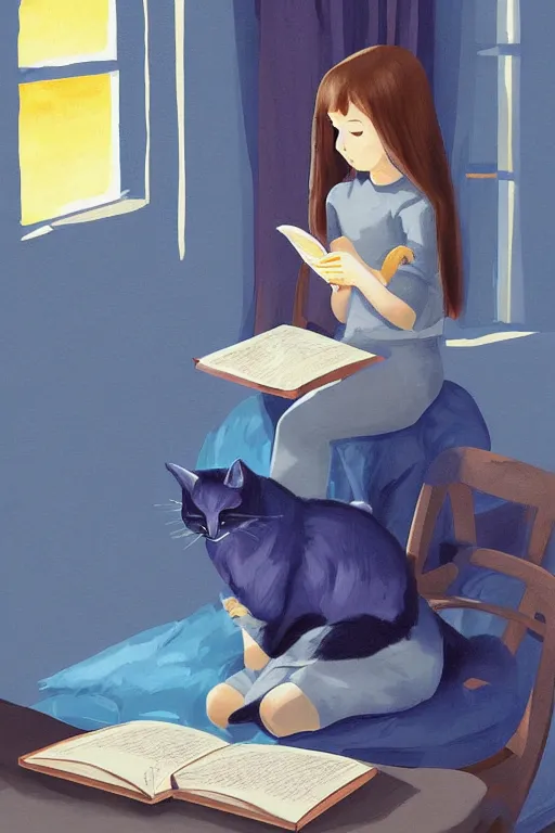 Image similar to a digital painting of a girl reading a book with a cat in A comfortable study room at night,JK uniform ,Hairdryer,blue theme,S line, by anmi and reoenl and krenz