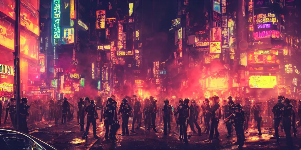 Image similar to very long shot, lit in neon light of advertisement, riot in a cyberpunk city, police use special equipment against the crowd on a square, high detail art, evening, police sirens in smoke, dark environment