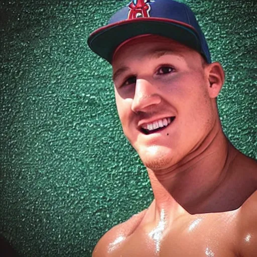 Image similar to “a realistic detailed photo of a guy who is named Mike Trout a baseball player, frozen like a statue, with shiny skin, by a pool, on display”