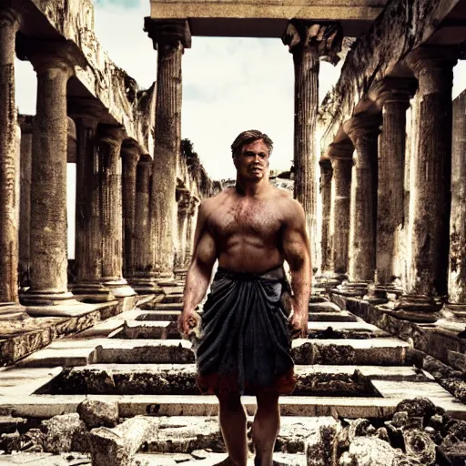 Prompt: portrait of Achilles, standing in ruins, fallen columns, highly detailed face, photo realistic, clear facial features, tom chambers photography