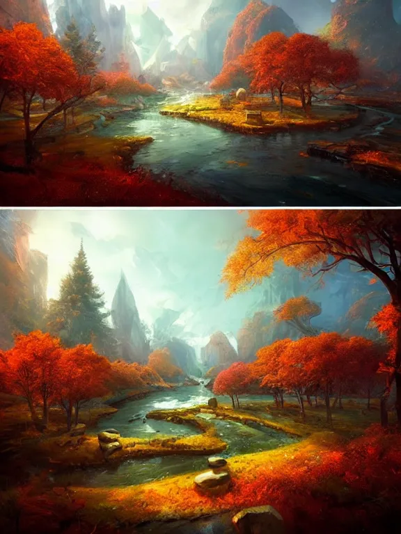 Prompt: a wonderful land with four season in one day, autumn, spring, winter, summer, landscape, artstation, high detailed, cinematic lightning by tyler edlin