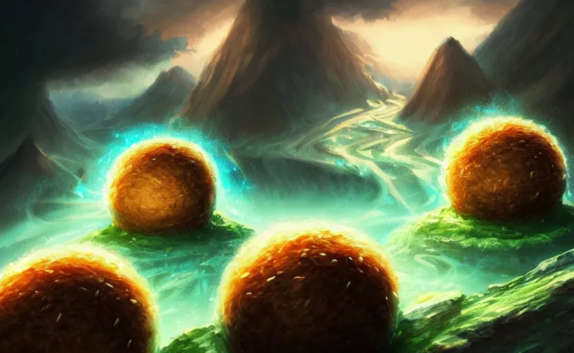 Image similar to magic : the gathering fantasy concept art of cute riceballs with excited faces bouncing down a mountain path, by marco bucci, high resolution, rice granules scattered all around, balls of rice, bouncing, fantasy coloring, intricate, digital painting, artstation, smooth, sharp focus