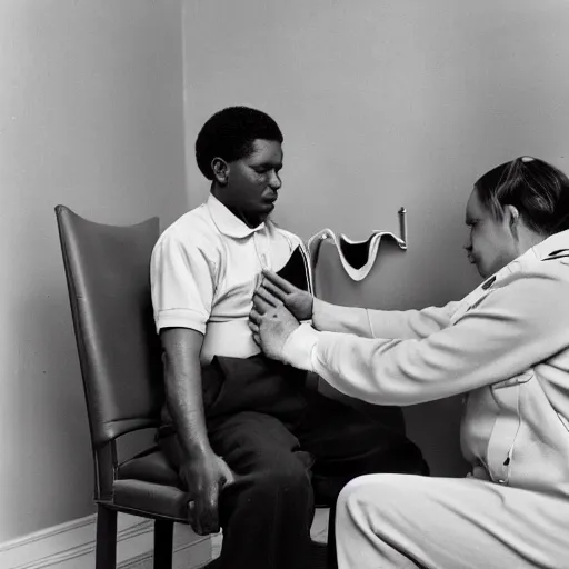 Image similar to a man sitting on a chair having his blood pressure measured by a nurse, photograph