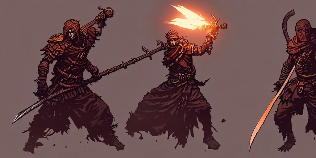 Image similar to warrior character, idle pose, sword, sprite, darkest dungeon, pc game, sideview, art by moebius and greg rutkowski.