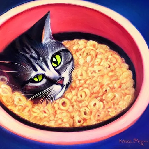 Prompt: cat inside of a bowl of cereal, oil painting, cute, kawaii, adorable, award winning, digital art