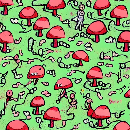 Prompt: little mushroom people with long arms dancing around a cut in half pomegranate like a campfire in the middle of a forest. in the style of an adventure time cartoon.