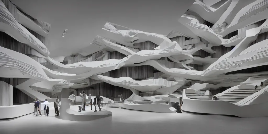 Prompt: stunning beautiful museum 3D section by Paul Rudolph and Zaha Hadid