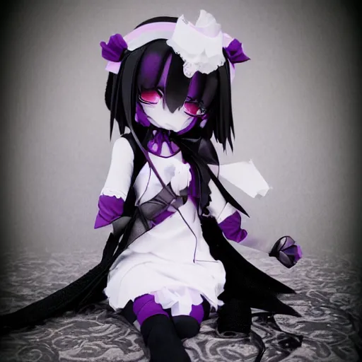 Image similar to cute fumo plush of a gothic maiden in a dark black uniform with purple highlights, laces and ribbons, soft shadow, anime girl, vray, symmetry, white frame