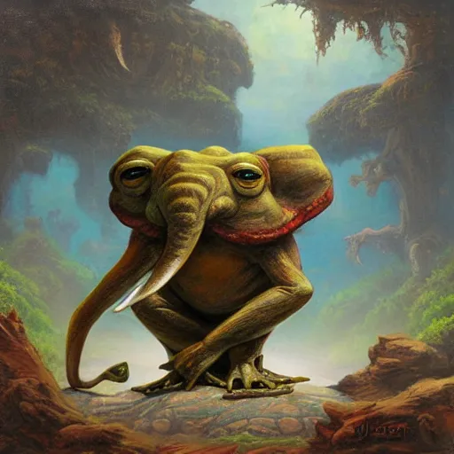 Image similar to frog - elephant creature, oil painting by justin gerard