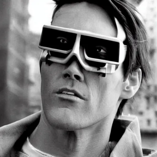 Image similar to very wellmade photo of young Jim Carrey as a scifi futuristic cyberpunk hacker