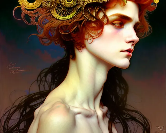 Prompt: overlord, psychedelic hair, portrait, highly detailed, deep focus, elegant, digital painting, smooth, sharp focus, illustration, ultra realistic, 8 k, art by artgerm and alphonse mucha and edgar maxence
