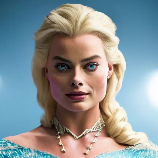 Image similar to Margot Robbie as Elsa in disney frozen live action, 8k full HD photo, cinematic lighting, anatomically correct, oscar award winning, action filled, correct eye placement,