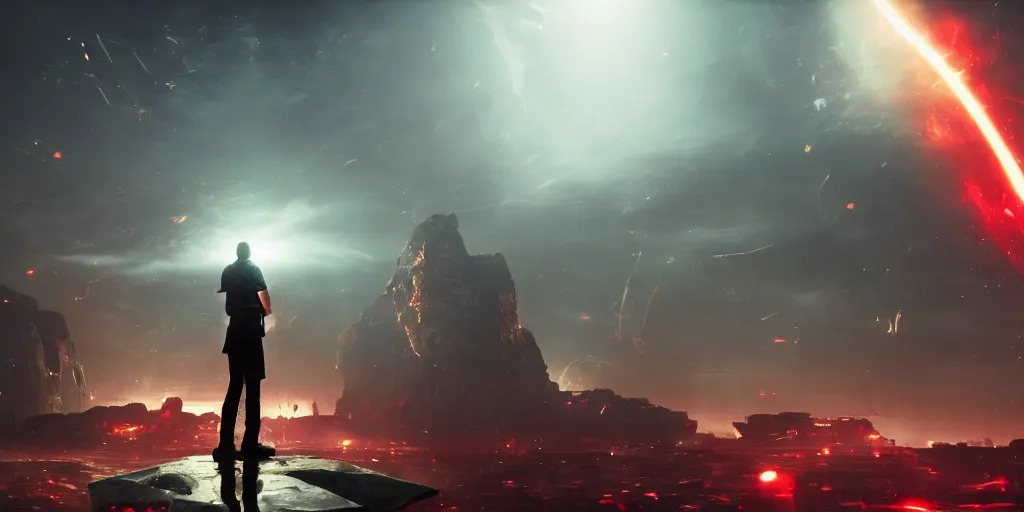 Image similar to a human standing front of a huge towering and broken stone tablet with red light + alien pattern + an abandoned spaceship, stands in the center of a prosperous city at the end of the world, and the power and energy is explode, secret, mysterious, doomsday, landscape, video game control, quantum break, arknights,