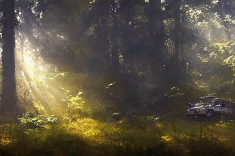 Image similar to An oil painting of a cube in a forest by Craig Mullins, dramatic lighting, realistic shadows, establishing shot, extremely high detail, artstation