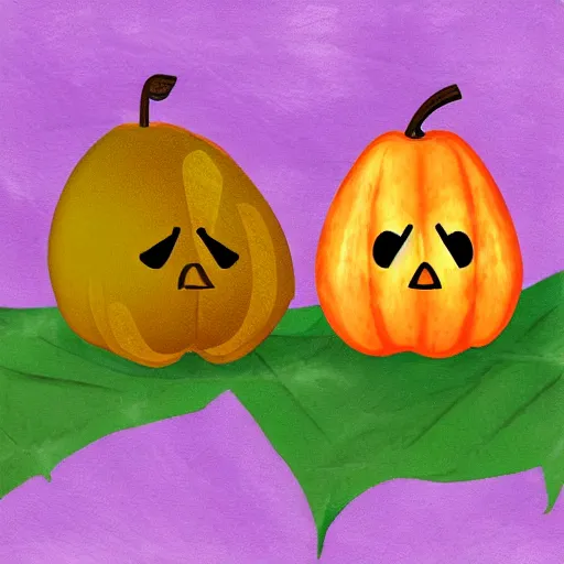 Image similar to cute pumpkin and cute pear in love, digital art