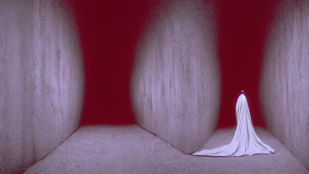 Prompt: a warped tunnel of irregular red and black checkerboard pattern swallows a woman draped in a white gown, film still from the movie directed by Denis Villeneuve with art direction by Zdzisław Beksiński, wide lens