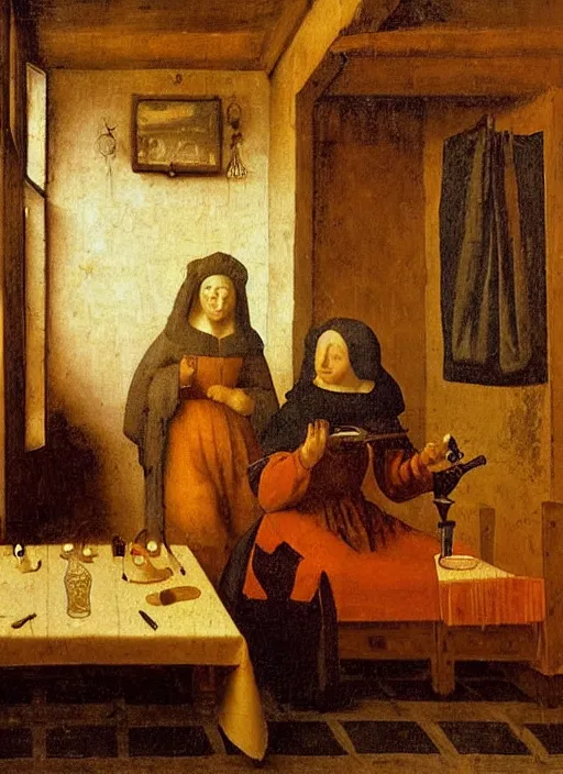 Image similar to a candlelit table at the inn, two people sitting at the table, swirling smoke, dark smoke, realistic, in the style of leonardo da vinci, dutch golden age, amsterdam, medieval painting by jan van eyck, johannes vermeer, florence