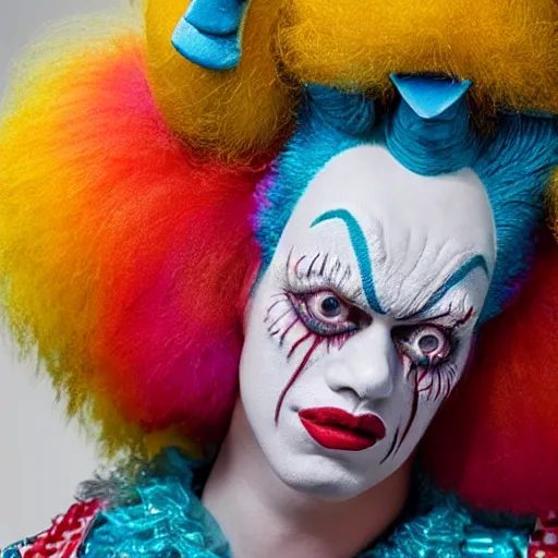 Image similar to uhd candid photo of krusty the clown wearing bizarre clown makeup, intricate details. photo by annie leibowitz photorealisitc hyperdetailed