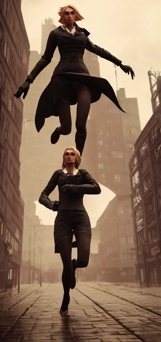 Image similar to beautiful annie leonhart running on high heels in dunwall city, redshift render, beautiful face, detailed face, cinematic lighting, rainy weather, melancholy atmosphere, volumetric light, octane render, dishonored 1, gothic architecture, realistic reflections, octane render 8 k